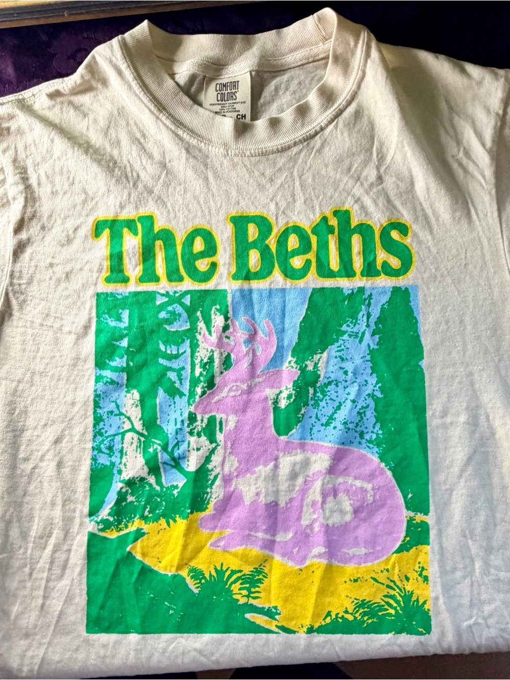The Beth’s Tee Small with Green, Yellow & Purple Graphic